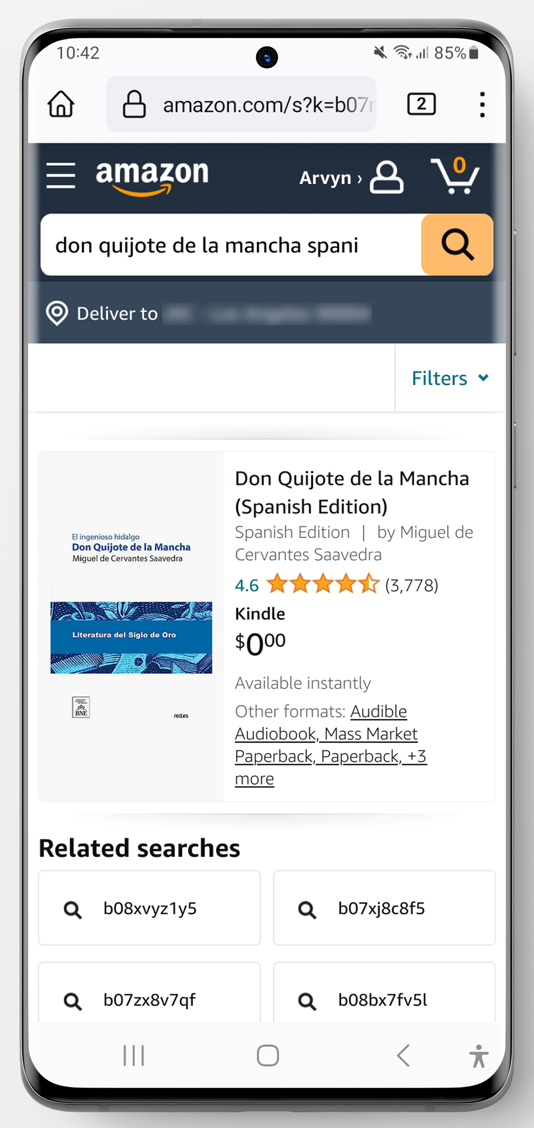 Android'de İspanyolca Don Quijote için Amazon Kindle Store Arama Sonuçları