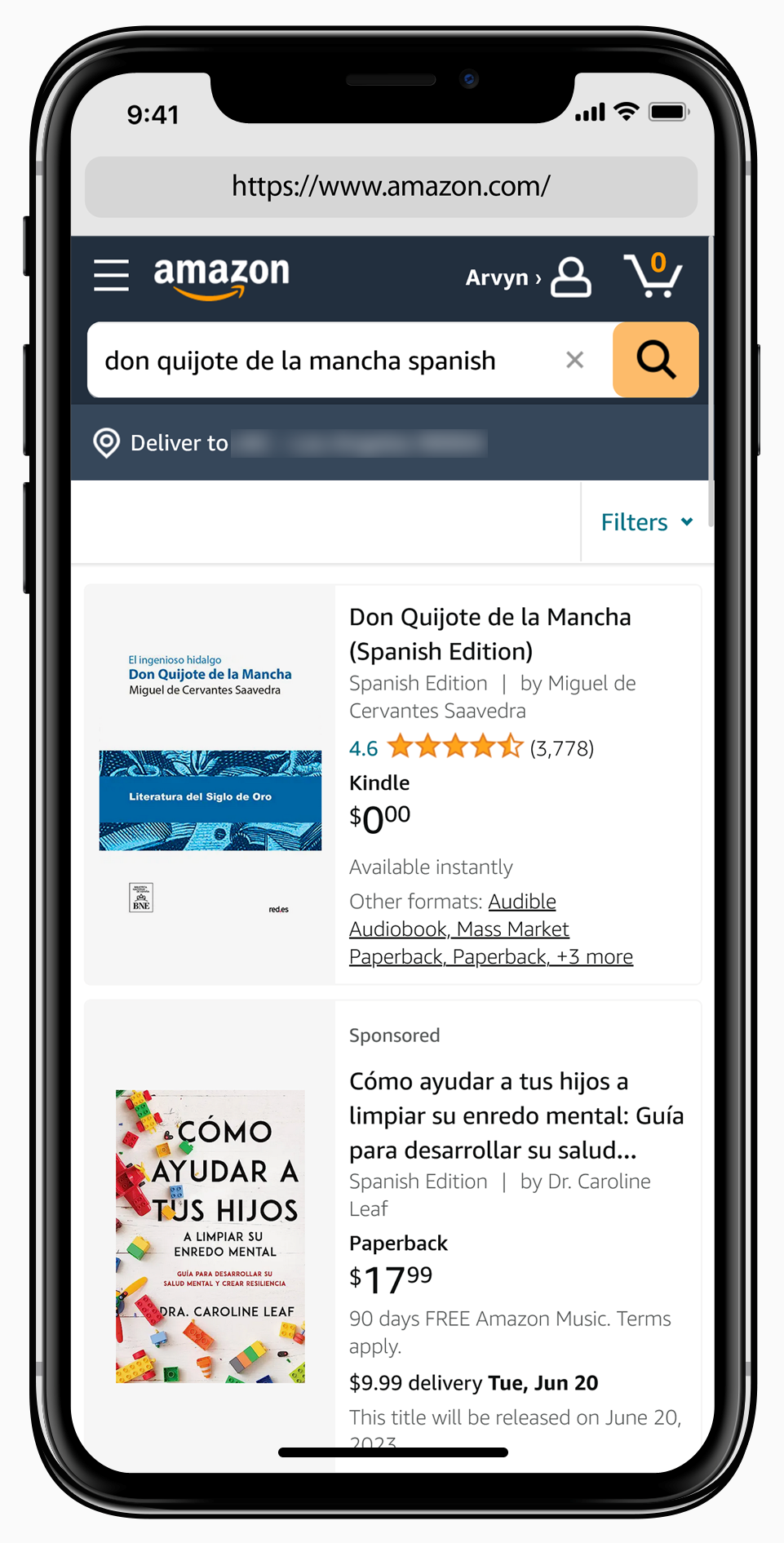 Bir iPhone'da Don Kişot için İspanyolca Amazon Kindle Store Arama Sonuçları