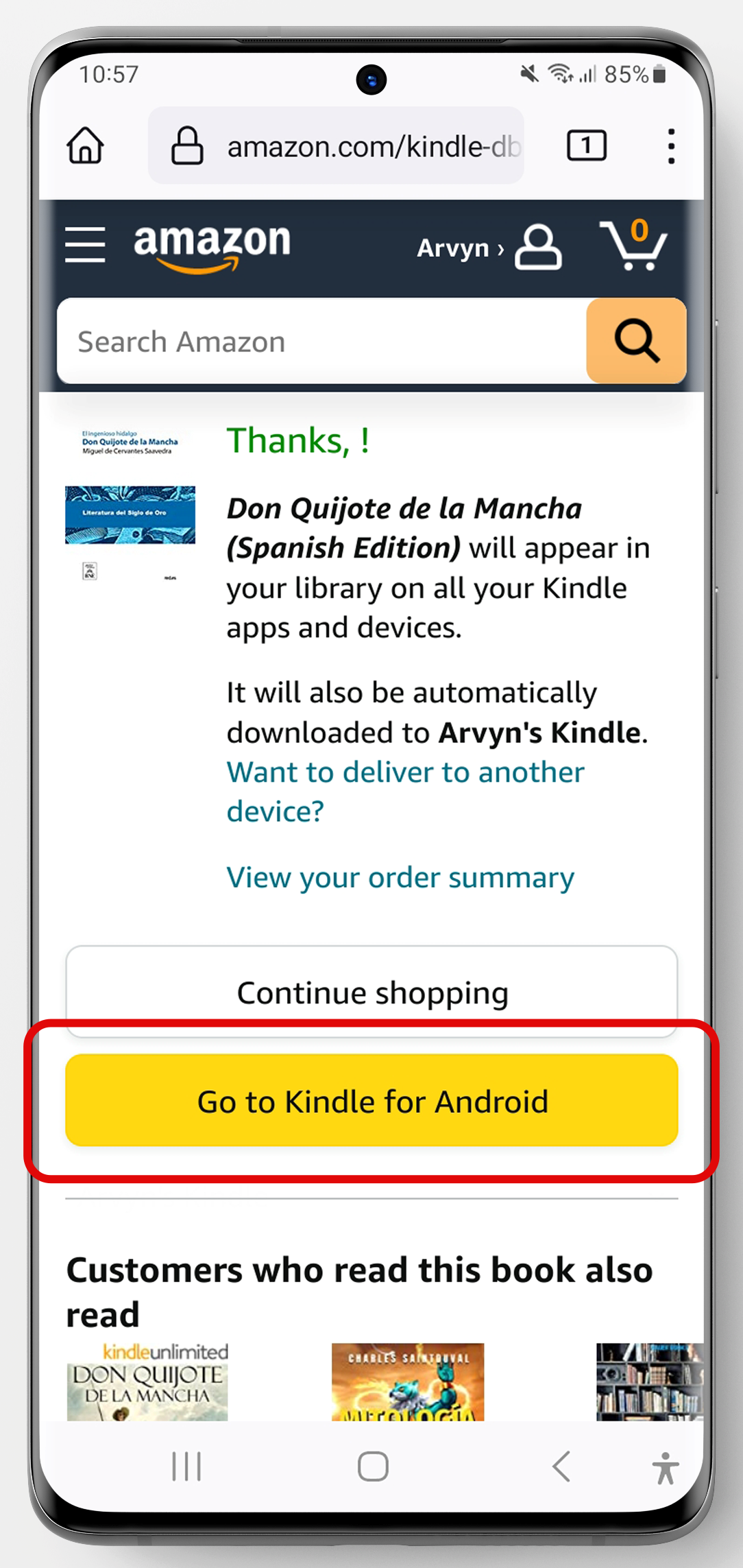 Android'de Amazon Kindle Store Başarı Sayfası