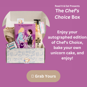 Magenta background with white text reading "Read It & Eat Present the CHEF'S CHOICE Box. Enjoy your autographed edition of CHEF's CHOICE, back your own unicorn cake, and enjoy!" next to an open box of goodies. 