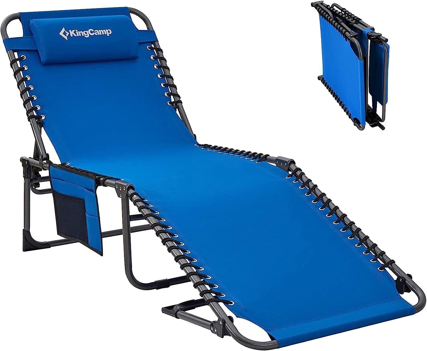 A blue folding chaise lounge, pictured both fully extended and folded down small and flat, with a pocket hanging from one arm