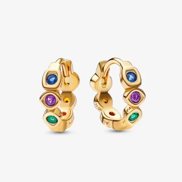 pair of golden earrings with colorful stones inspired by the Infinity Gauntlet from the MCU