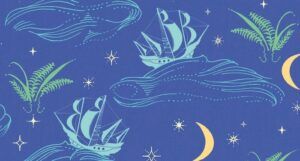 a cropped cover of Peter Pan showing illustrations of ships and moons