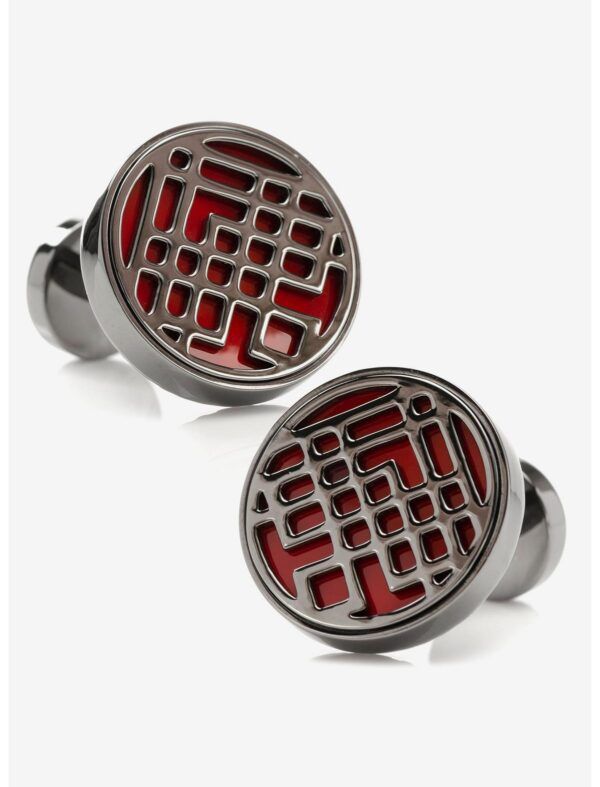 Pair of red and silver cufflinks inspired by Shang-Chi's superhero suit