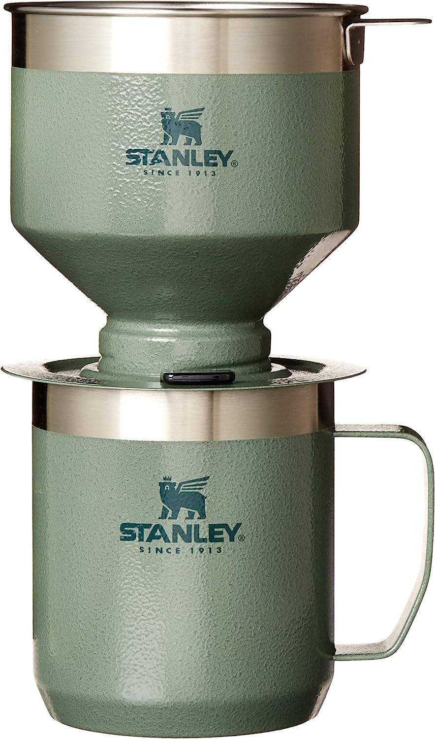 A sage green stainless steel set of two mug-sized cups stacked to create a pourover coffee maker