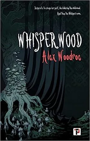 cover of Whisperwood by Alex Woodroe; illustration of a gray tree with gnarled roots