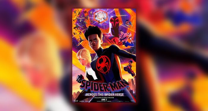promotional poster for Spider Man: Across the Spider-Verse showing Miles Morales in his black and red spider suit alongside Gwen