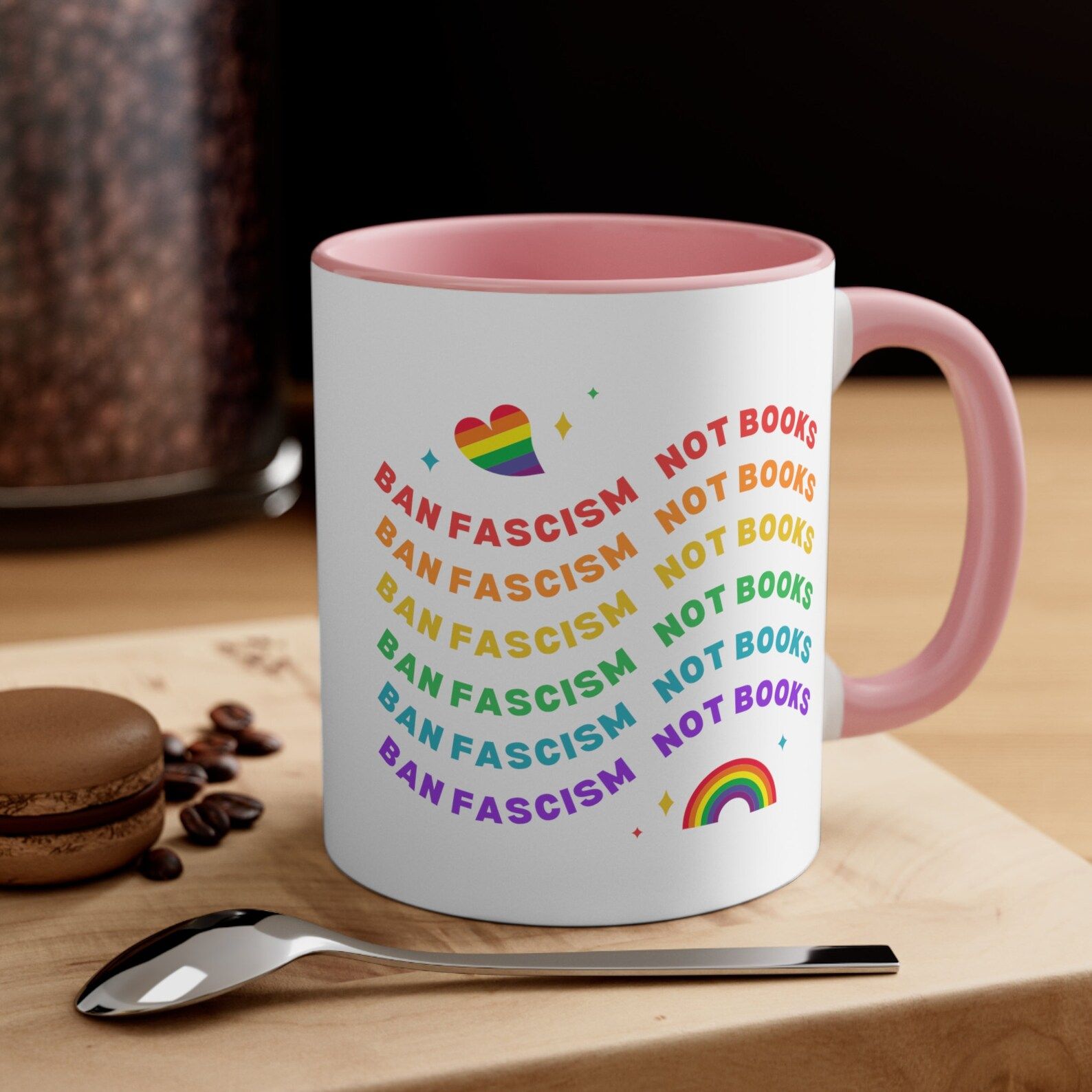 mug that says "ban fascism, not books."