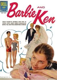 The cover of Barbie and Ken #1, which is made of photos edited together rather than drawings. A little girl rests her chin on her hands as she daydreams, with a Barbie in a pink dress propped up in front of her. Above her head are Barbie and Ken in bathing suits, and Midge and Alan in wedding attire.
