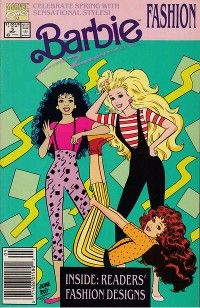 The cover of Barbie Fashion #5. Barbie poses with Christie and Teresa. Barbie is wearing black leggings with overall straps over a red and white striped shirt. Christie is wearing a hot pink shirt, tight cropped mauve pants with a black geometric pattern on them, and black suspenders. Teresa is lying on her back with her legs in the air wearing an orange shirt with black dots, black suspenders, and cropped pants vertically striped in two shades of yellow. The background is a green and yellow geometric pattern. Nothing has ever looked more 1991 than this.