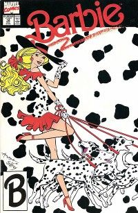 The cover of Barbie #12. Barbie is leading a bunch of Dalmatians on red leashes. She is posing in a short, off-the-shoulder white dress with black spots and a red flounce around the shoulders and hem, plus a large black hat with a red band.