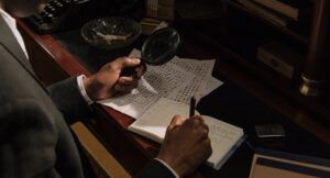 brown-skinned hands holding magnifying glass and looking at papers on a desk