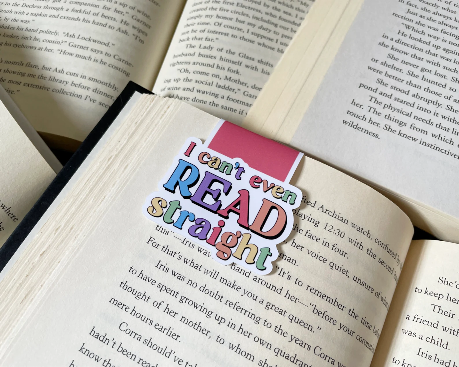 Image of a magnetic bookmark that says "I can't even read straight"
