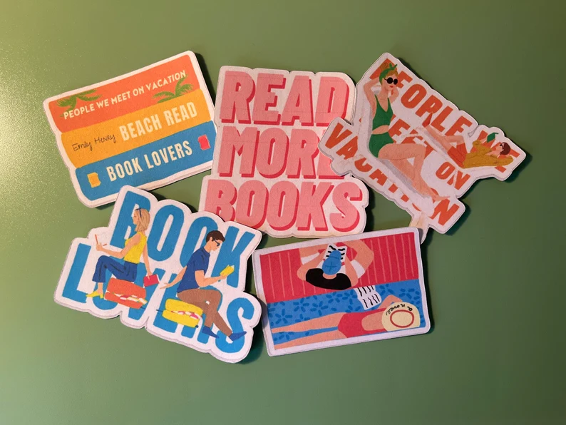 Five Emily Henry book-themed stickers