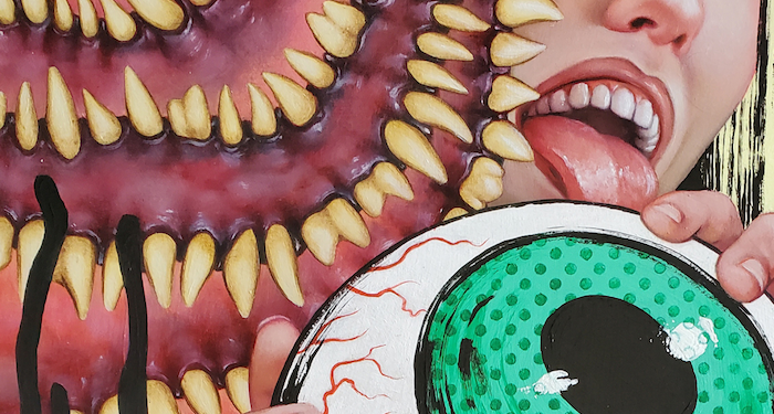 a cropped cover of Maeve Fly showing rows of teeth in a giant mouth and a human face licking a giant eyeball