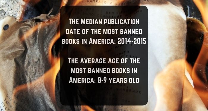 Image of book pages on fire with the following text overlaid: 
The Median publication date of the most banned books in America: 2014-2015
The average age of the most banned books in America: 8-9 years old.