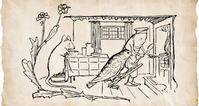 line drawing of a mouse, a bird, and an anthropomorphized sausage in a kitchen