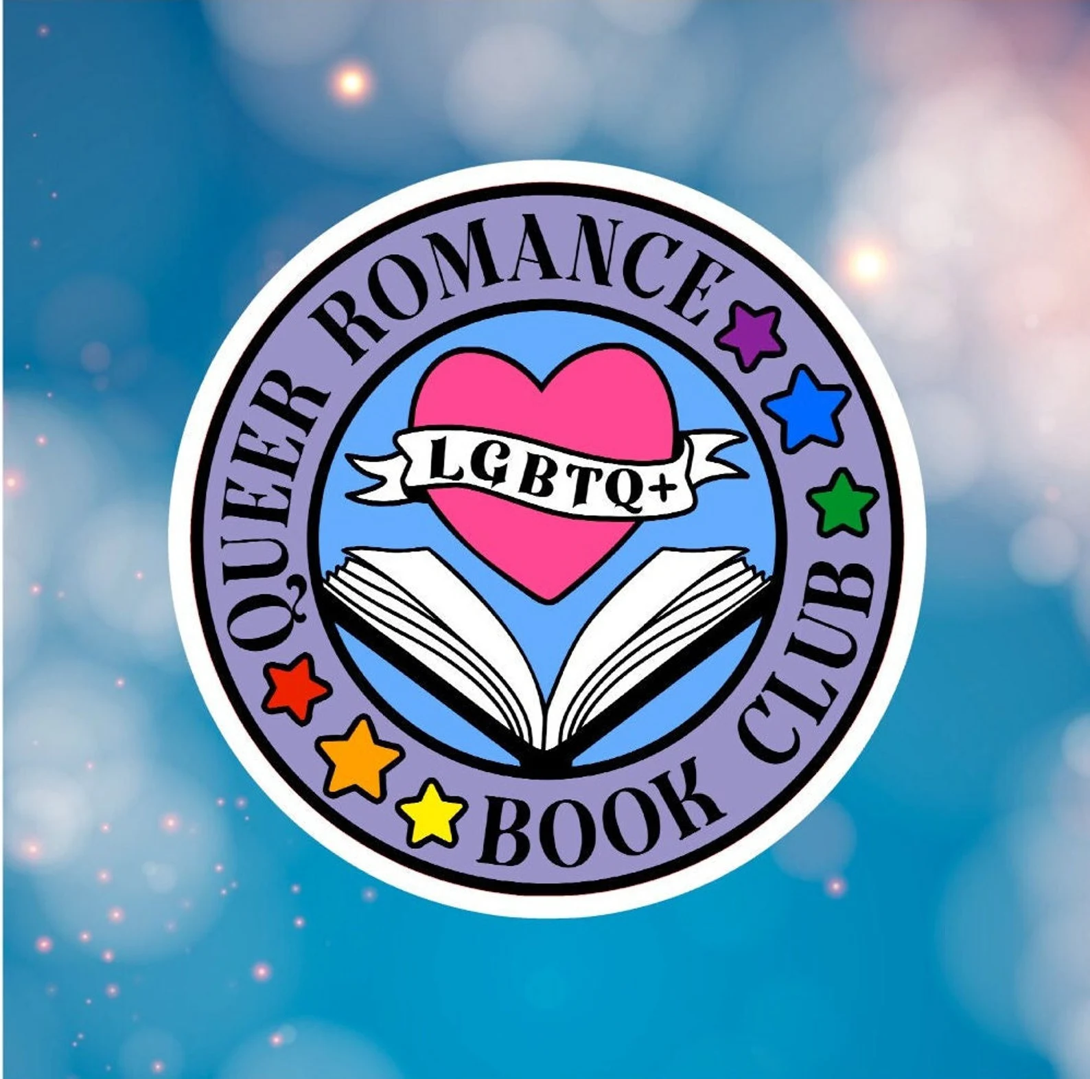 Image of a round sticker that says "queer romance book club."