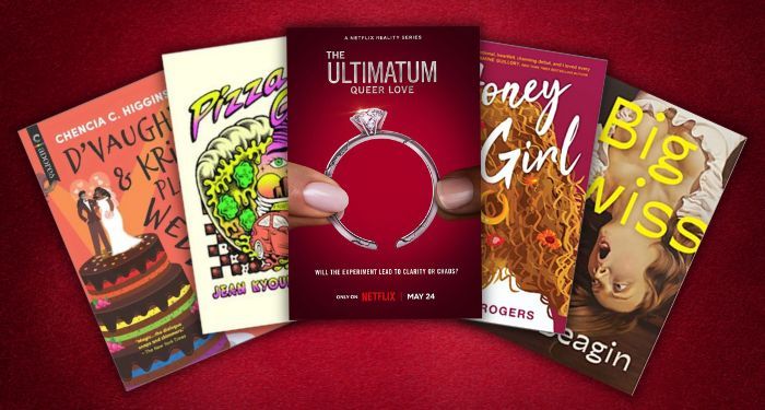 promotional poster for Netflix reality dating show The Ultimatum: Queer Love showing a hand holding a. dimamond ring, with four book covers fanned our behind the poster