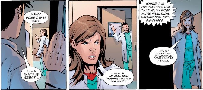 Tim Drake, dressed as a female medical intern, fends off advances from a male intern and then complains about his disguise to Alfred via a comm link.