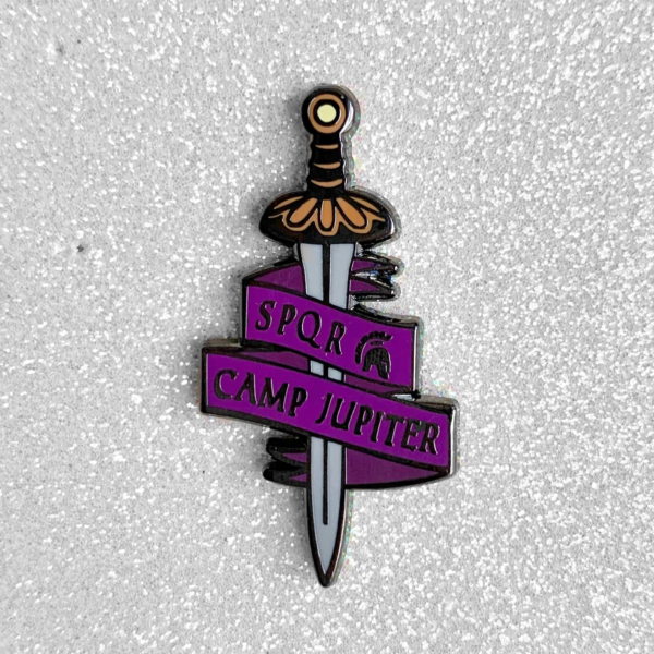 Sword and purple banner enamel pin with the words SPQR and Camp Jupiter on it
