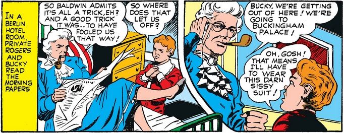 Captain America, disguised as an old woman, lounges on a bed while smoking a pipe and plotting with Bucky to go to Buckingham Palace.