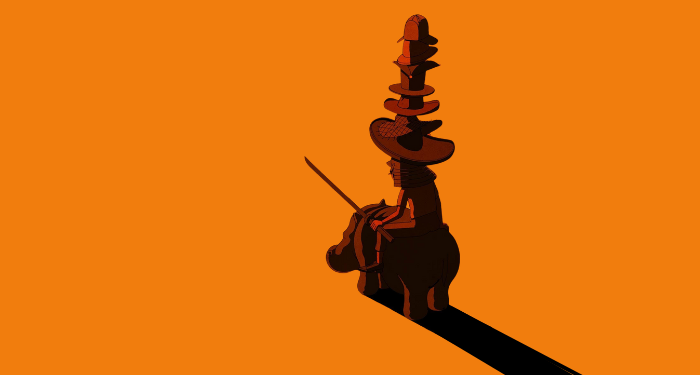 a cropped cover of Down the Rabbit Hole showing someone riding on a small hippo while wearing a tall stack of hats