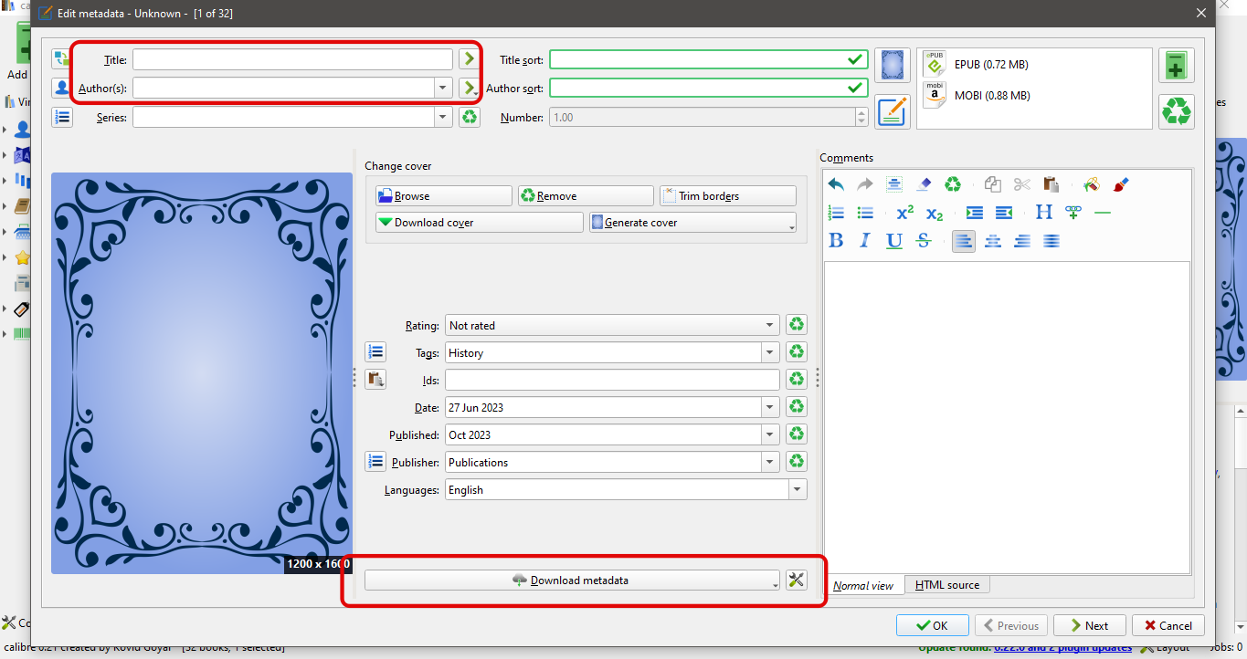 Screenshot of Edit Metadata on Calibre