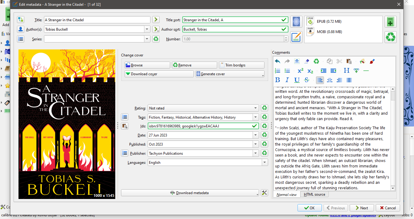 Screenshot of Fetched Metadata on Calibre