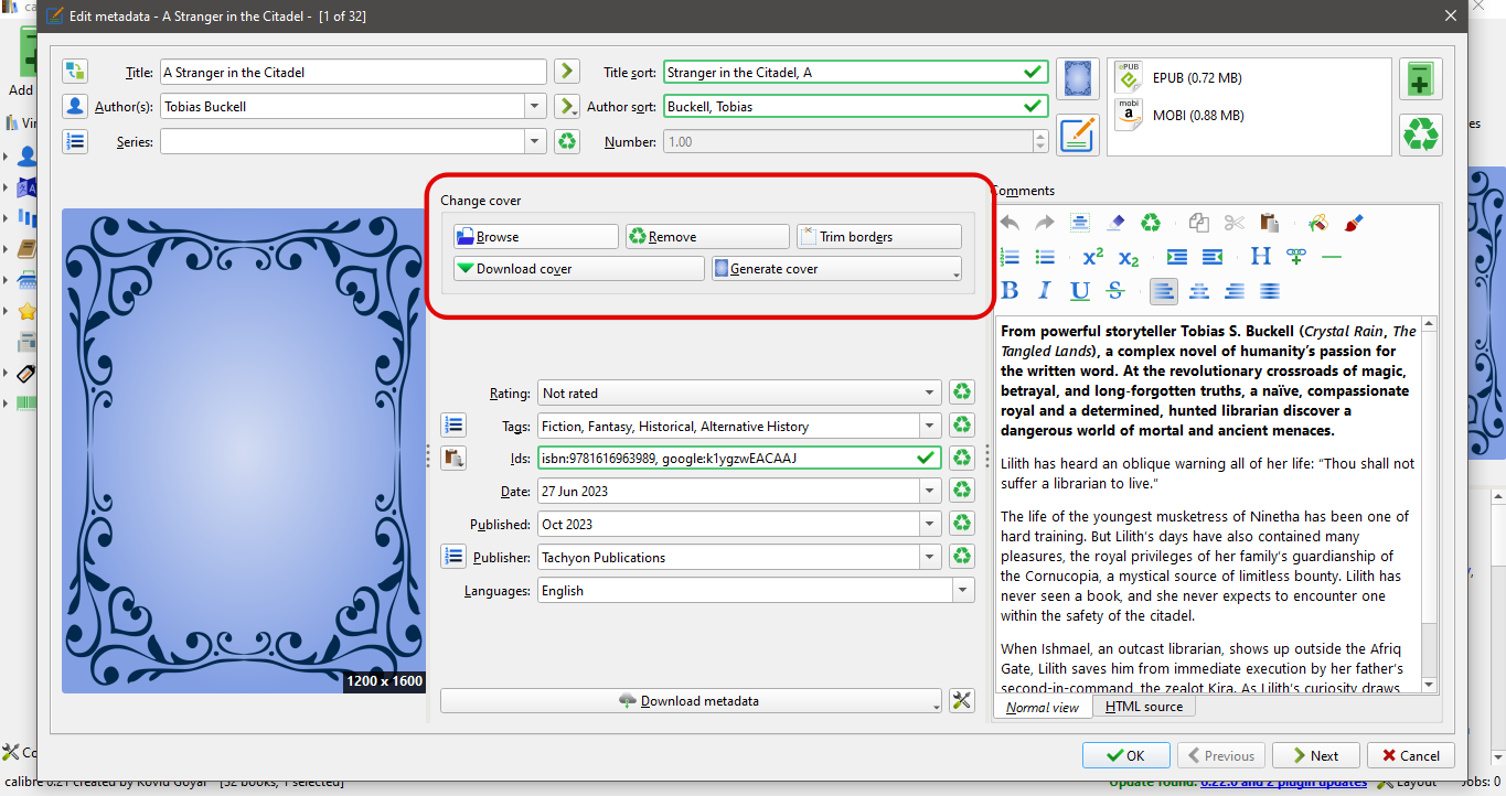 Screenshot Metadata Editor on Calibre