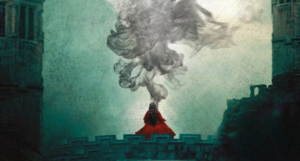 the cropped cover of One Dark Window, showing a figure on a bridge with smoke billowing out from them