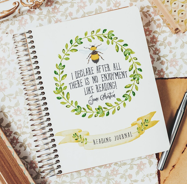 a reading journal with a jane austen quote and an illustrated bee
