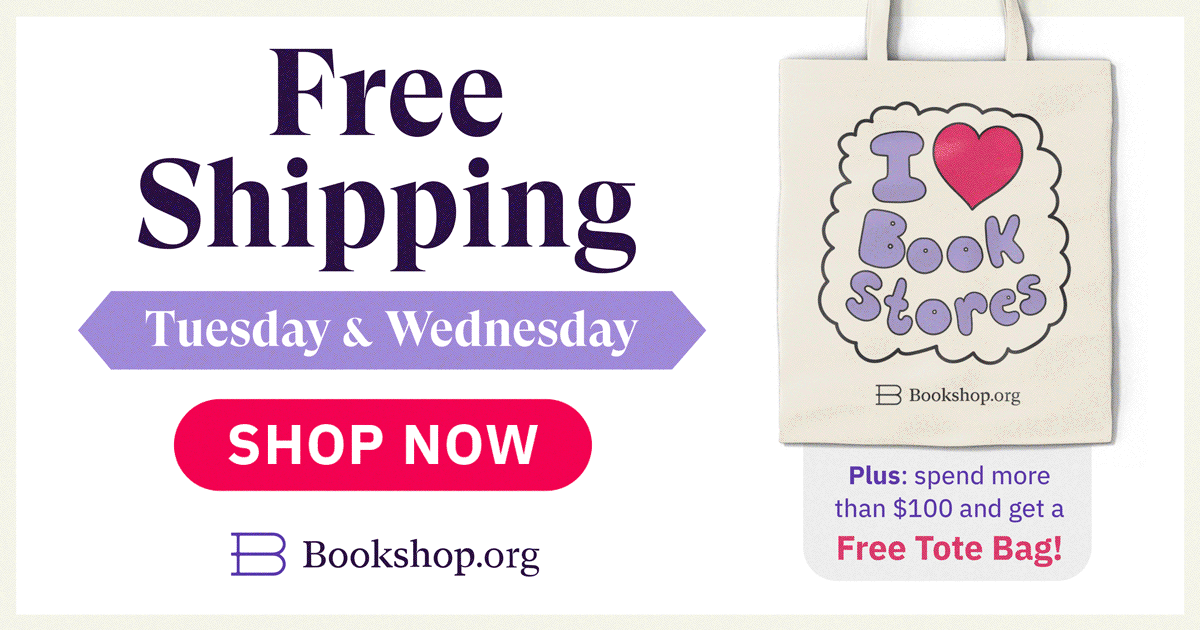 a gift with a "I heart books" tote and the text Free Shipping Tuesday and Wednesday, Shop Now. A hot air balloon carrying books flies across it.