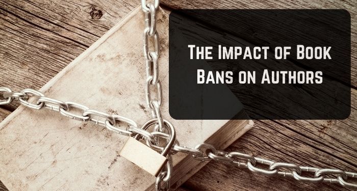Image of a book under a lock. It has a black with white text on top reading "the impact of book bans on authors."