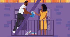a cropped cover of The Neighbor Favor, showing an illustration of a Black man and woman on a balcony. He's handing her a book.