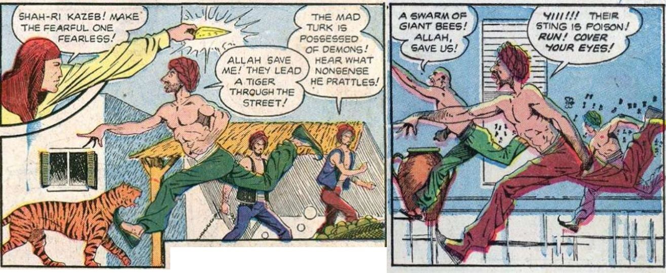 Two panels: In the first, a half-naked man in a turban runs down the street, hand outstretched. The second panel shows a barely altered version of the first image.