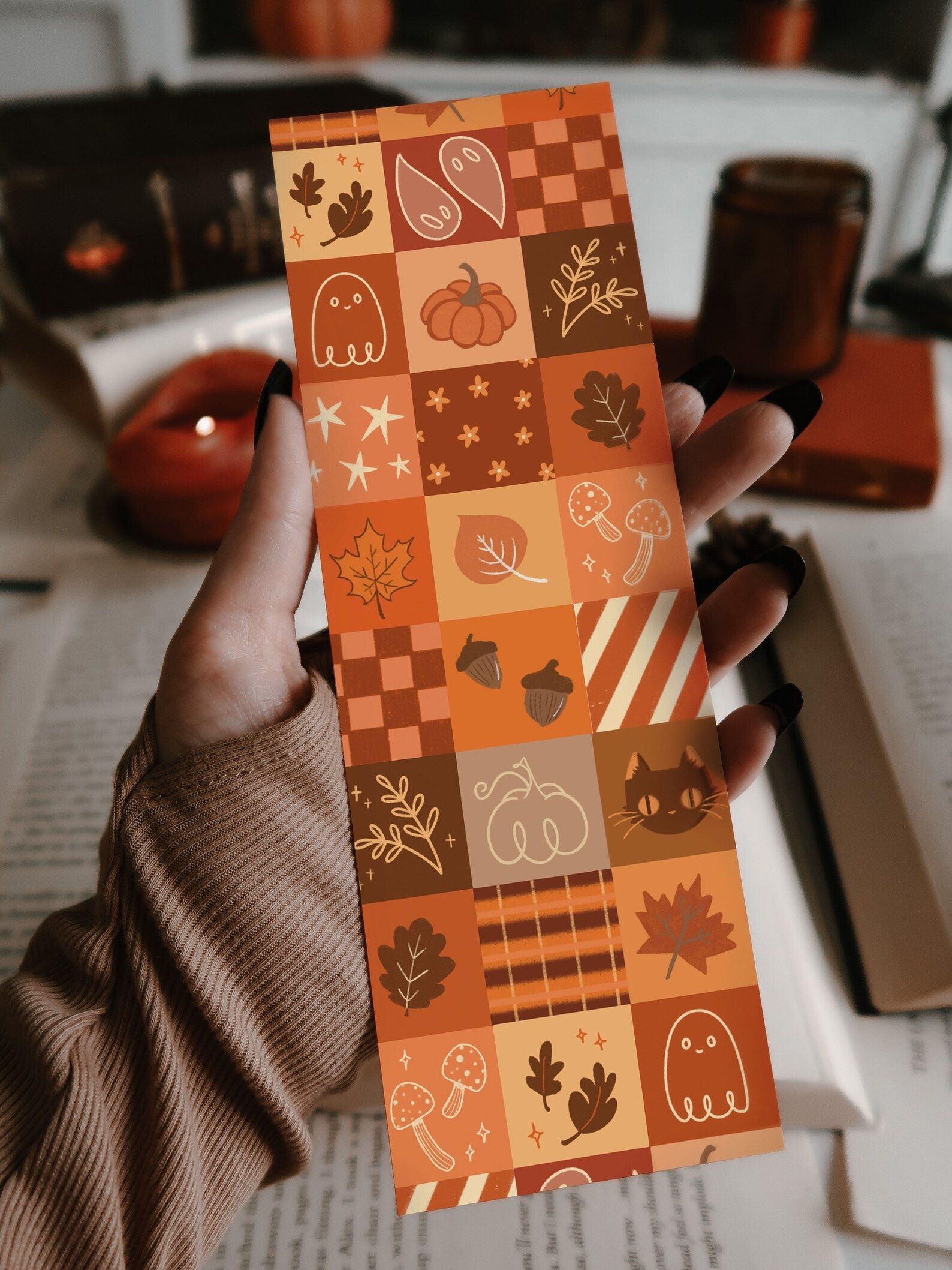 bookmark with autumnal patchwork squares