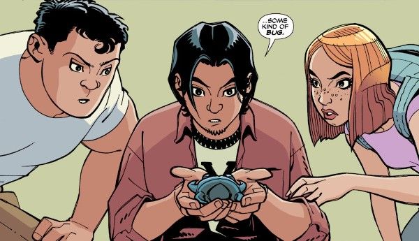 A panel from Blue Beetle #1. Jaime Reyes, a teenage boy with black hair, looks at the large blue scarab in his cupped hands. His friends Paco and Brenda are on either side of him, also looking at it.

Jaime: ...some kind of bug.