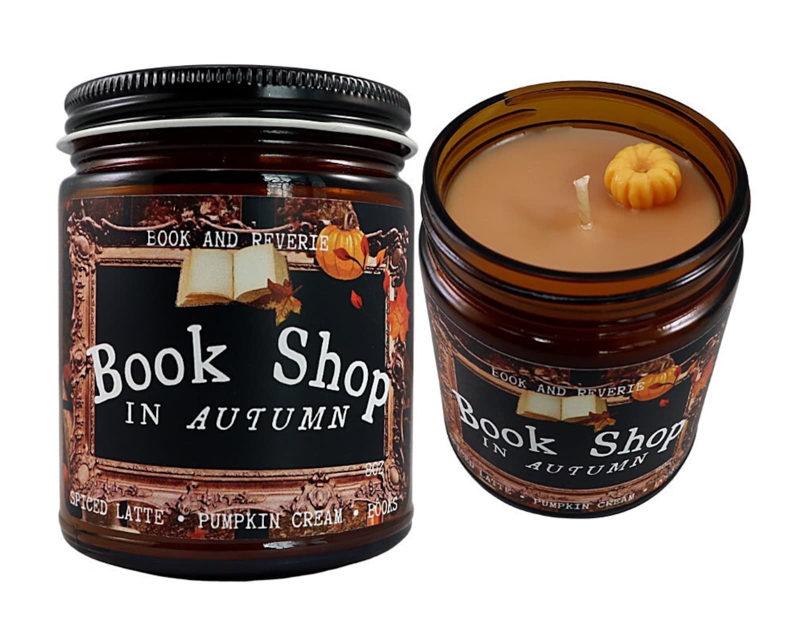 candle labeled with book shop in autumn