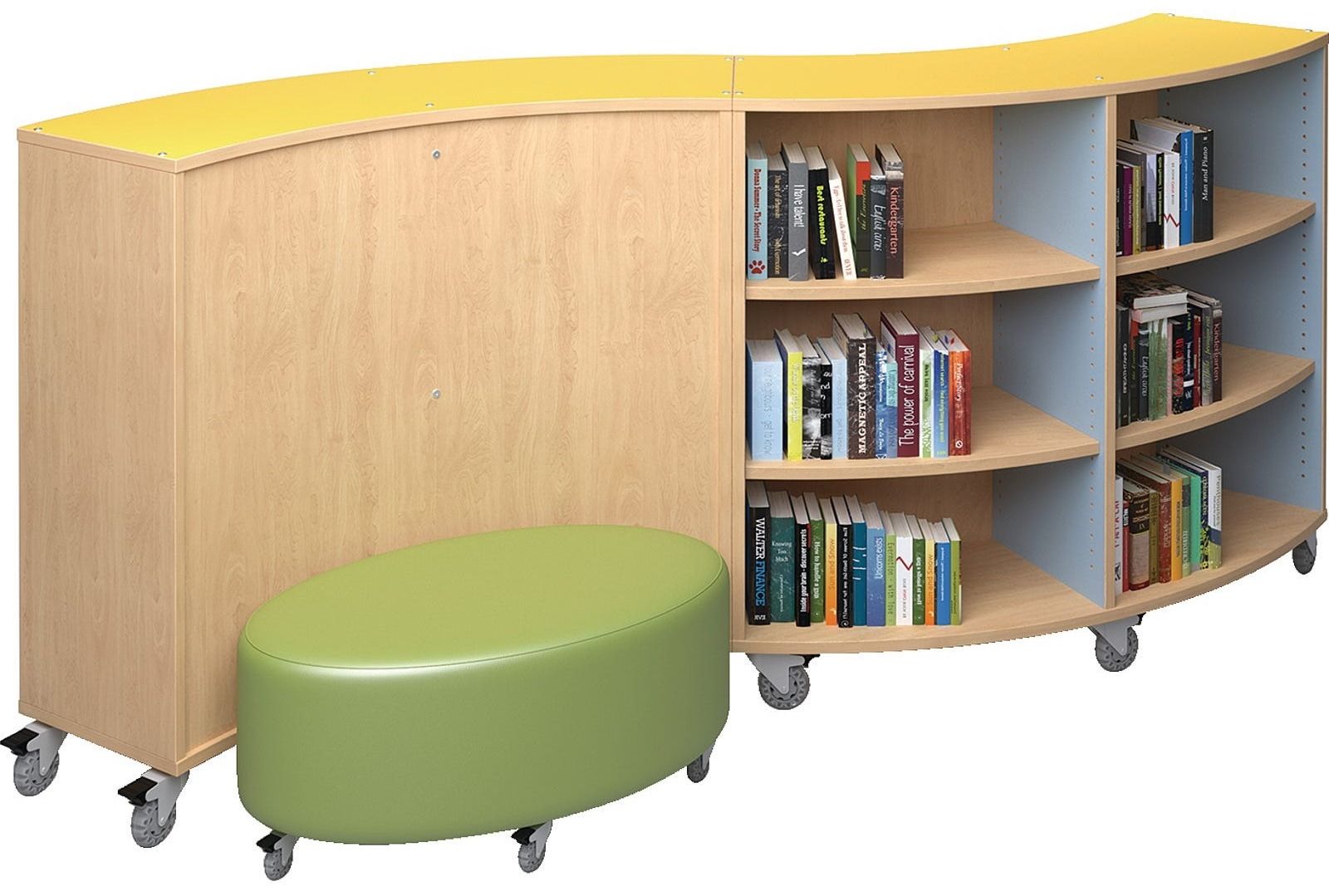 A shelf that consists of two opposing curves that is filled with books. There is also an oval bench pushed against one of the curved sides.