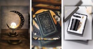collage of three gifts for astrology lovers: a crescent moon reading lamp, a journal with scorpio art on the cover, and a black and gold mug with a leo design