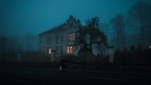 a photo of a creepy house at night surrounded by fog
