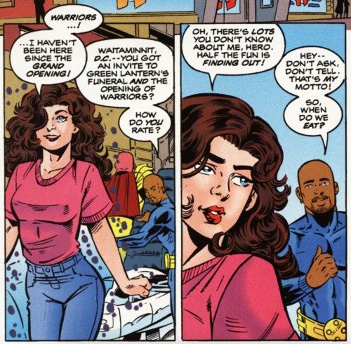 Two panels from Superboy and the Ravers showing Sparx and Hero talking. Sparx is a white teenage girl with brown hair. Hero is an Afro-Latino teenage boy with a shaved head and a stubbly mustache and goatee combo. Sparx is visibly excited.

Panel 1:

Sparx: Warriors...! ...I haven't been here since the grand opening!
Hero: Waitaminnit, D.C. - you got an invite to Green Lantern's funeral and the opening of Warriors? How do you rate?

Panel 2: 

Sparx: Oh, there's lots you don't know about me, Hero. Half the fun is finding out!
Hero: Hey - don't ask, don't tell. That's my motto! So, when do we eat?