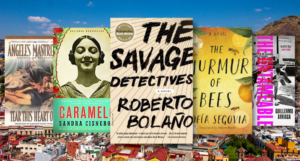 a collage of five of the Mexican historical fiction books listed against a photo of a Mexican city