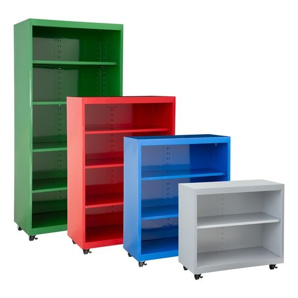 a set of four metal bookcases on wheels, each a different height and color