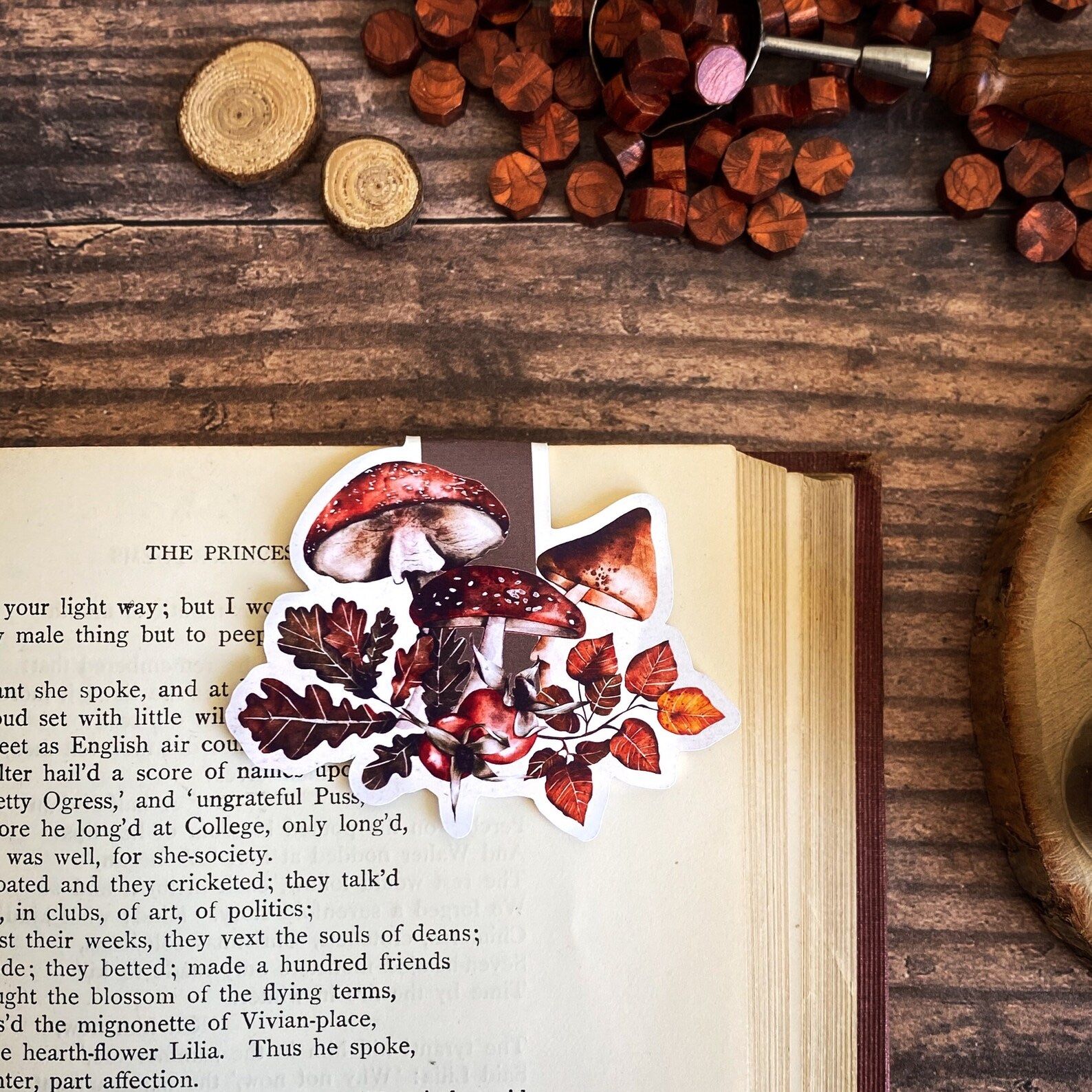 magnetic bookmark with illustrated mushrooms and leaves