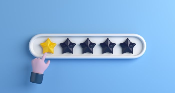 graphic of a five star rating with only one yellow star and four dark blue ones