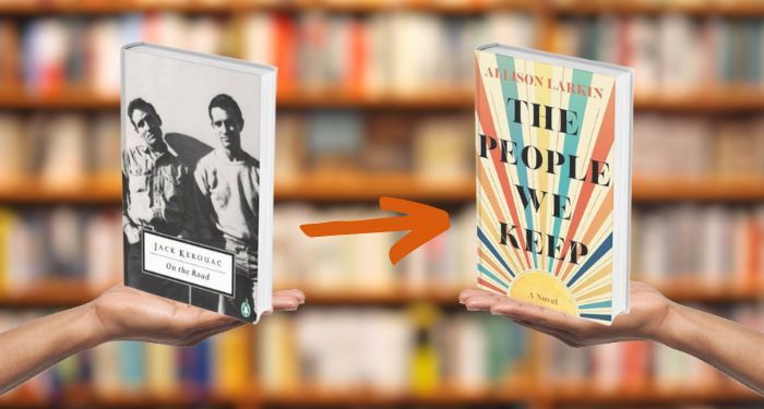 hands holding a cover of Jack Kerouac's On the Road and Allison Larkin's The People We Keep