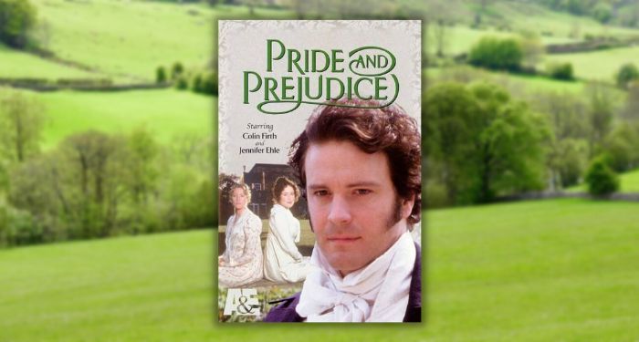 movie poster for 2005 adaptation of Pride Prejudice showing Colin Firth, Jennfer Ehle, and Susannah Harker