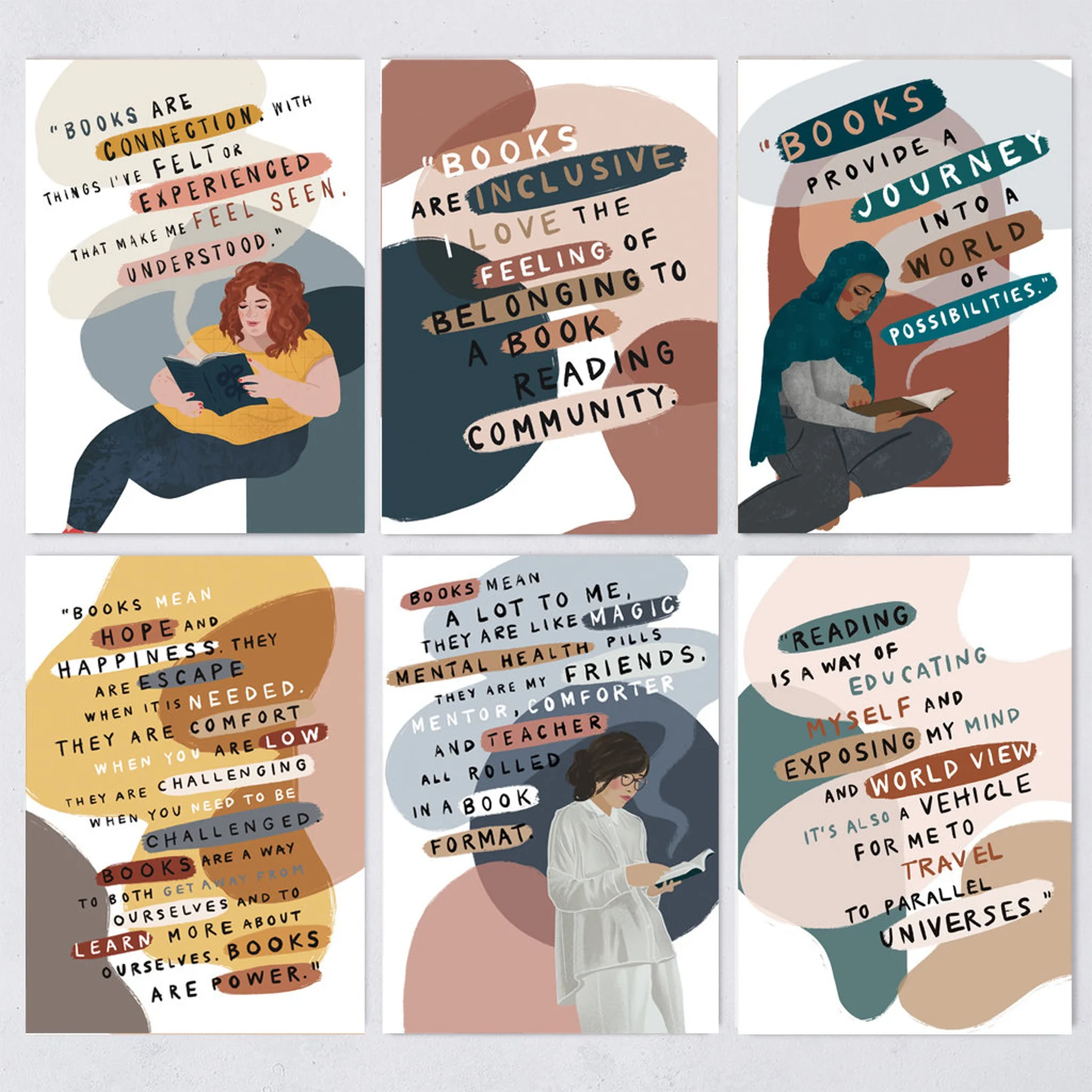 Six postcards with art of people reading, in subdued colors. Quotes about books and reading are superimposed over the art, such as: "Books provide a journey into a world of possibilities."